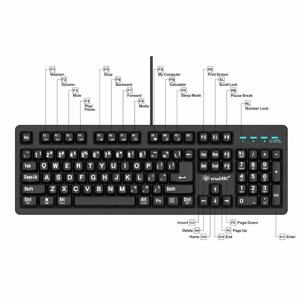 VitalASC USB Gaming Keyboard with Large Font ‎EKB216 Black view 3